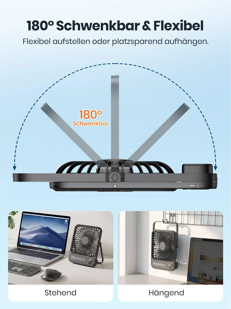Warmco D3 Akku-Tischventilator 10000 mAh, leise, mit Digitalanzeige