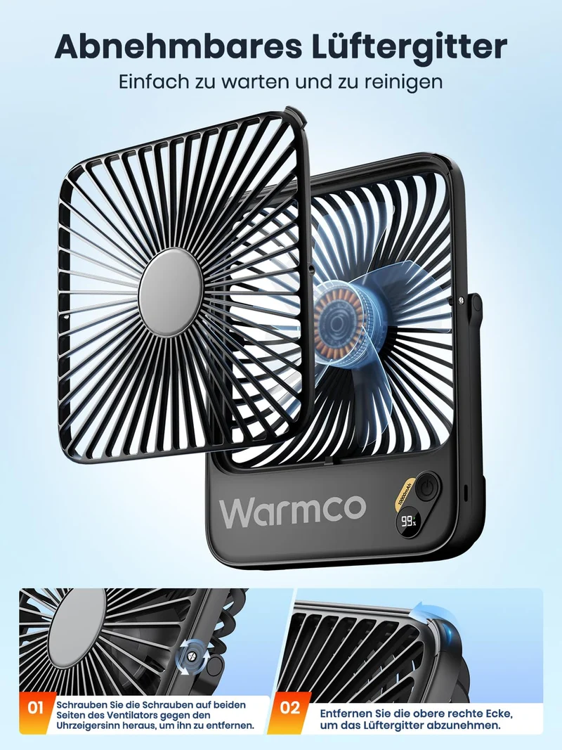 Warmco D3 Akku-Tischventilator 10000 mAh, leise, mit Digitalanzeige