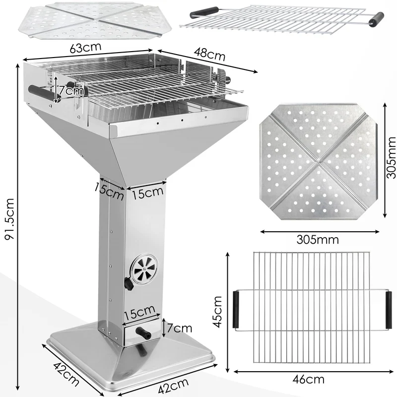 TLGREEN Holzkohlegrill 11550, Edelstahl Säulengrill höhenverstellbar
