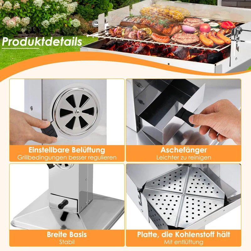 TLGREEN Holzkohlegrill 11550, Edelstahl Säulengrill höhenverstellbar