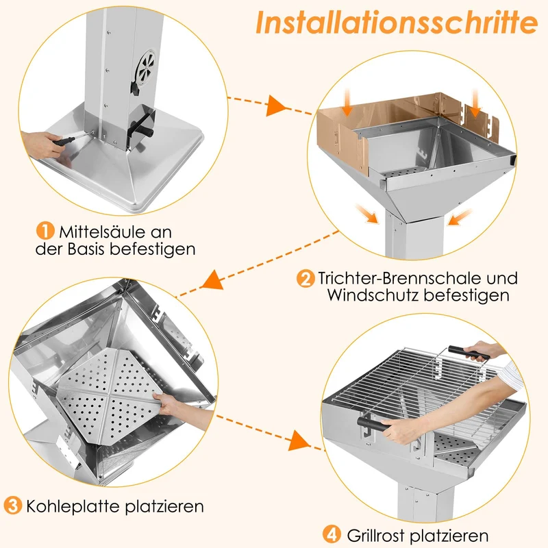 TLGREEN Holzkohlegrill 11550, Edelstahl Säulengrill höhenverstellbar