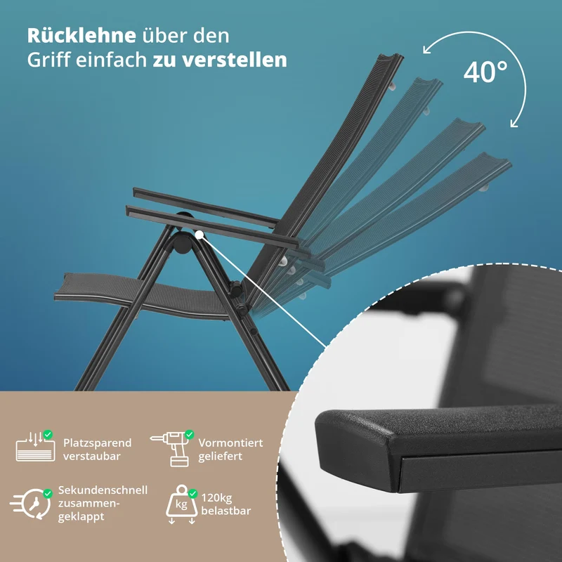 KHG Gartenstuhl Hochlehner Alu Klappstuhl, 8-fach verstellbar, grau