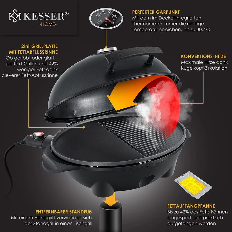 KESSER Elektrogrill 2in1 Stand- und Tischgrill mit Deckel 2400 Watt