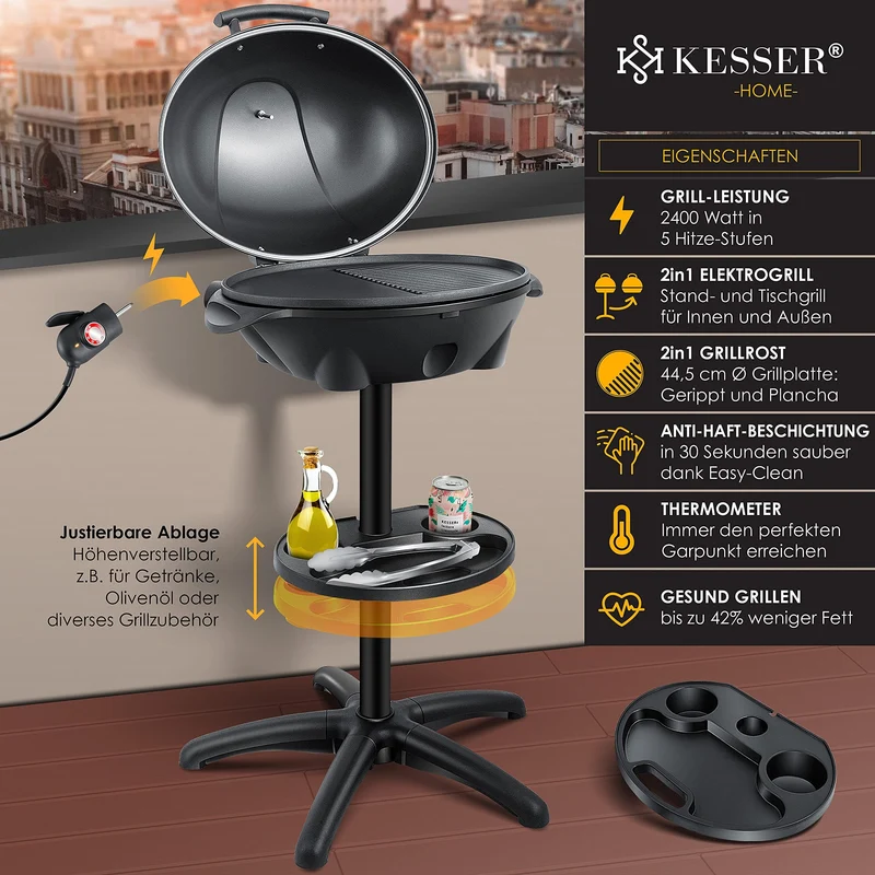 KESSER Elektrogrill 2in1 Tischgrill & Standgrill mit Deckel 2400 W