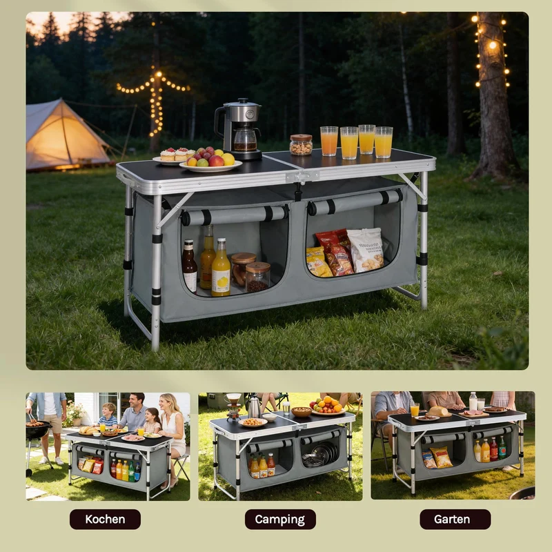 WOLTU Campingtisch faltbar, höhenverstellbar, Alu, schwarz-grau