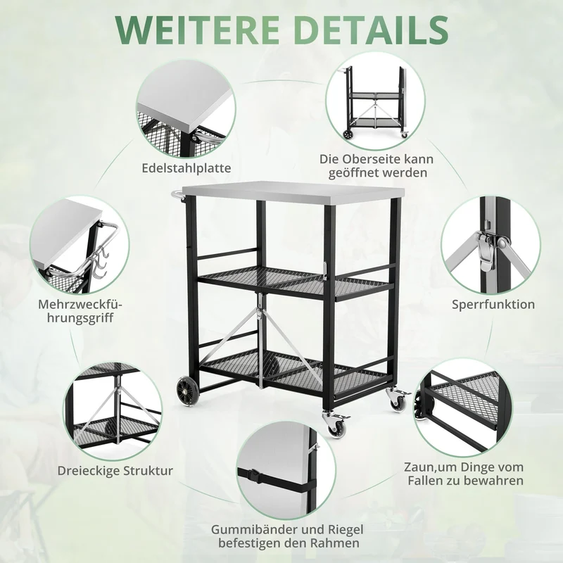 LUE BONA Grillwagen klappbar, Grilltisch mit Edelstahl-Tischplatte