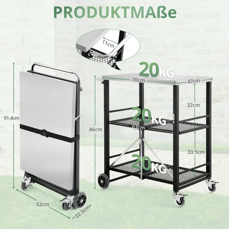 LUE BONA Grillwagen klappbar, Grilltisch mit Edelstahl-Tischplatte