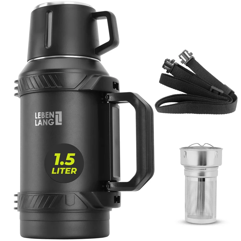 LEBENLANG Thermosflasche 1,5 Liter Edelstahl mit Becher und Teesieb