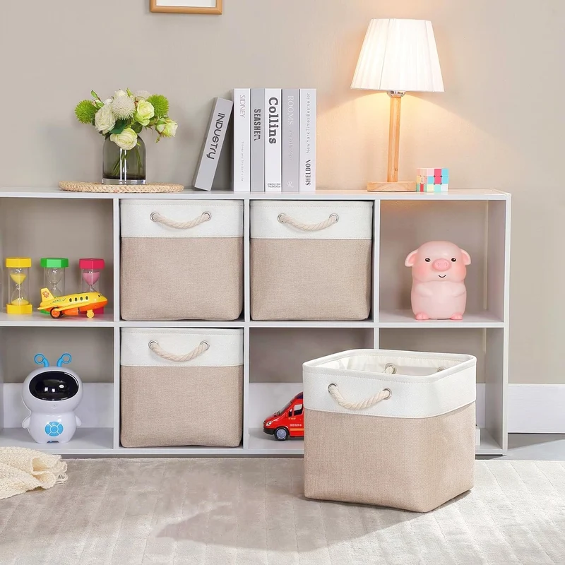 Mangata Aufbewahrungsbox Stoff 33x38x33 cm khaki-weiss 4er Pack