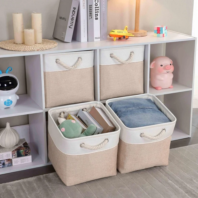 Mangata Aufbewahrungsbox Stoff 33x38x33 cm khaki-weiss 4er Pack