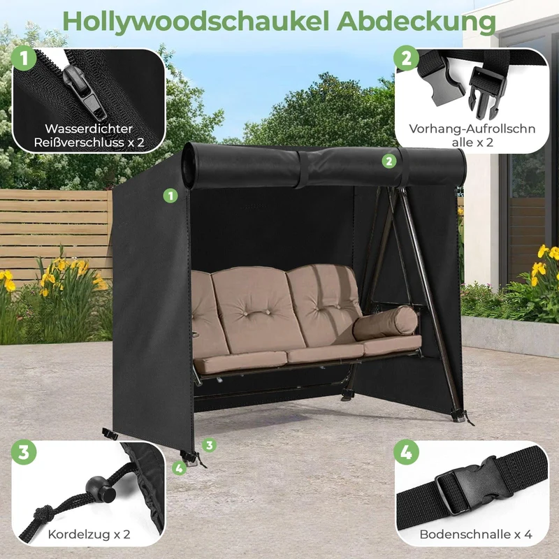 Lohofrnny Hollywoodschaukel Abdeckung 3-4 Sitzer 600D Schwarz