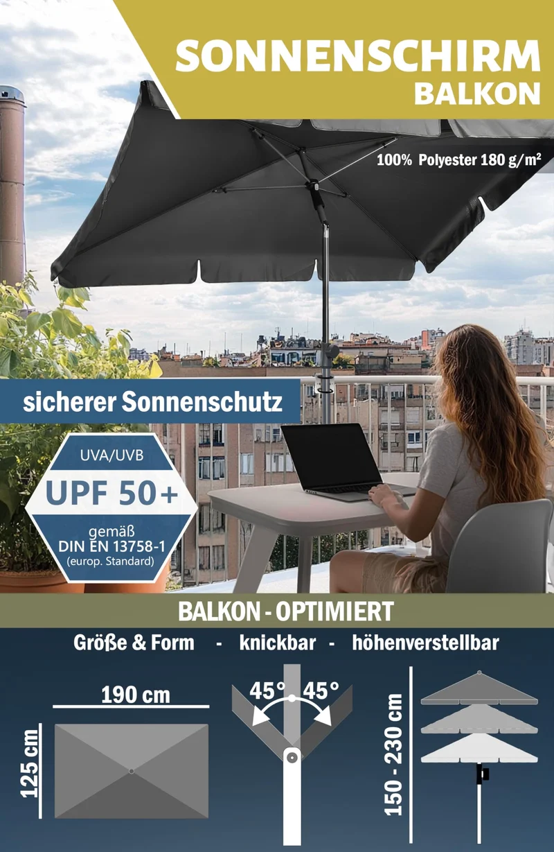 Menz Sonnenschirm Balkon 3-in-1-Set rechteckig Anthrazit