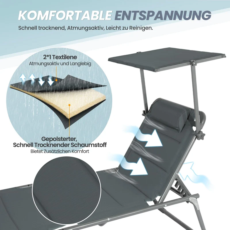 Homecall Sonnenliege klappbar mit Dach, 200 x 70 cm, Karbon Grau