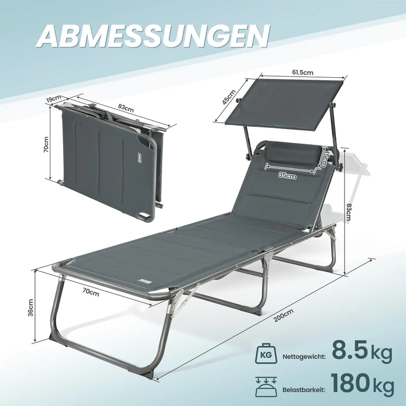 Homecall Sonnenliege klappbar mit Dach, 200 x 70 cm, Karbon Grau
