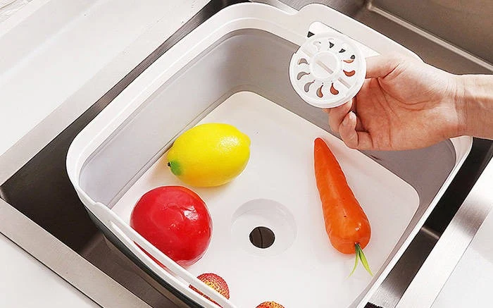 Geschirrwanne / Gemüsewaschkorb 3-in-1 Design, Faltbar mit abschliessbarem Auslauf