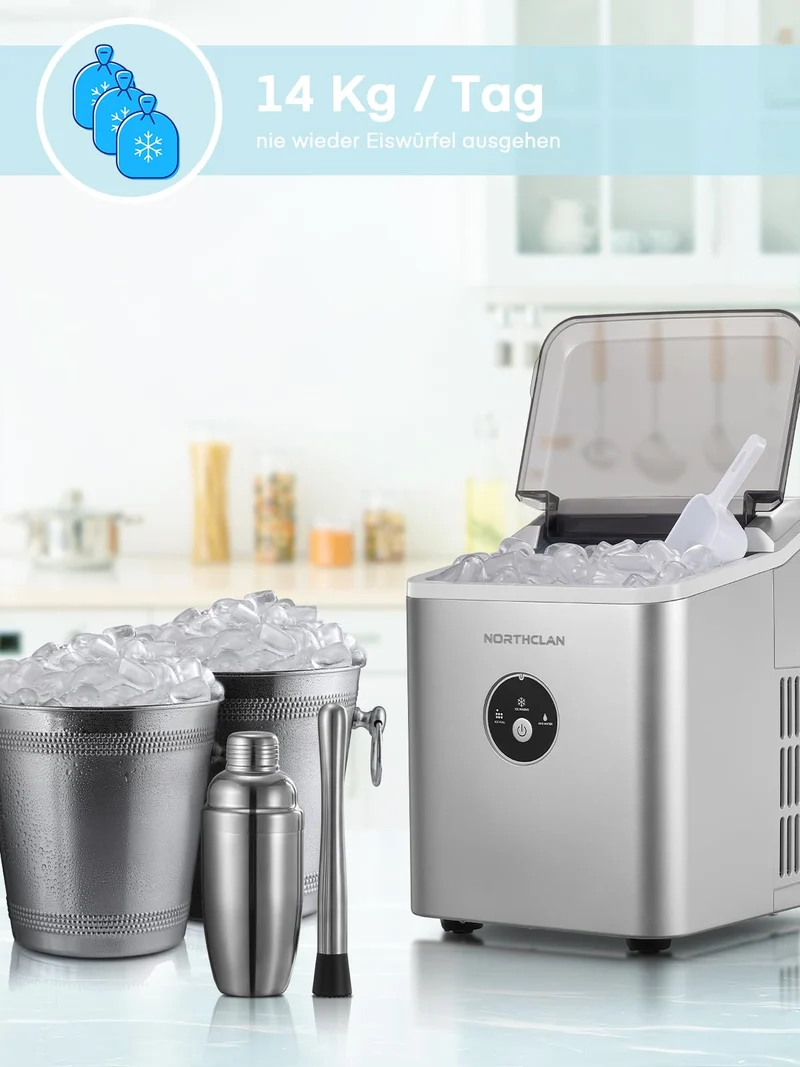NORTHCLAN Eiswürfelmaschine, 14 kg/24 h, 9 Eiswürfel in 6-8 Minuten