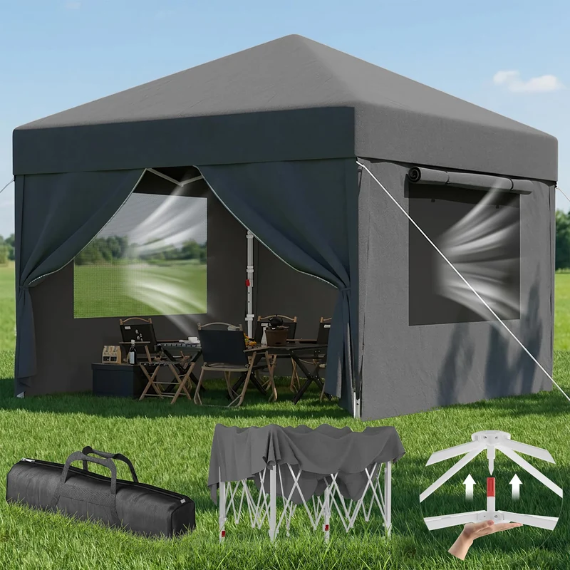 Devoko Faltpavillon 3x3 m wasserdicht mit Seitenwänden, dunkelgrau