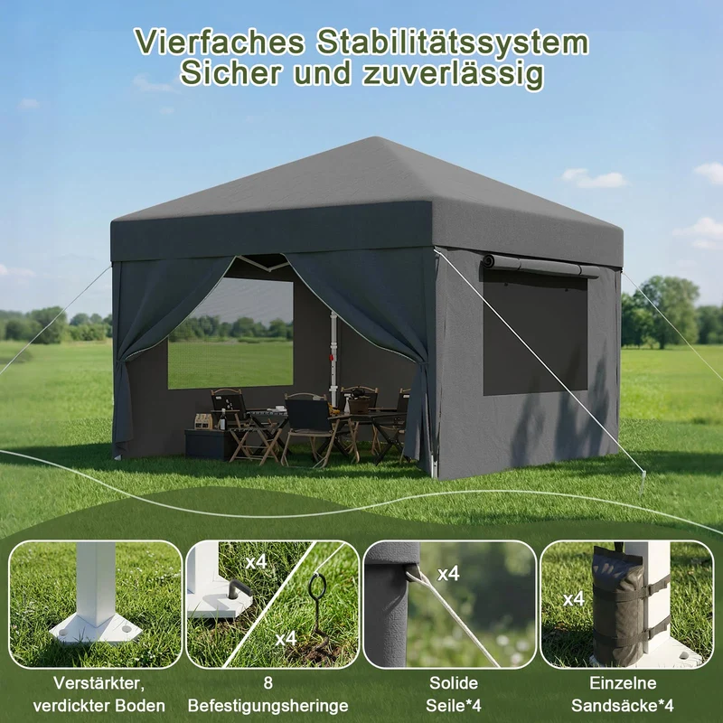 Devoko Faltpavillon 3x3 m wasserdicht mit Seitenwänden, dunkelgrau