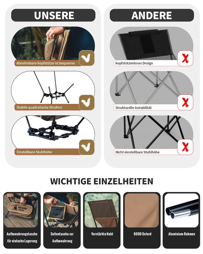 OneTigris Dragonhide Campingstuhl faltbar, Hochlehner, Kojote Braun