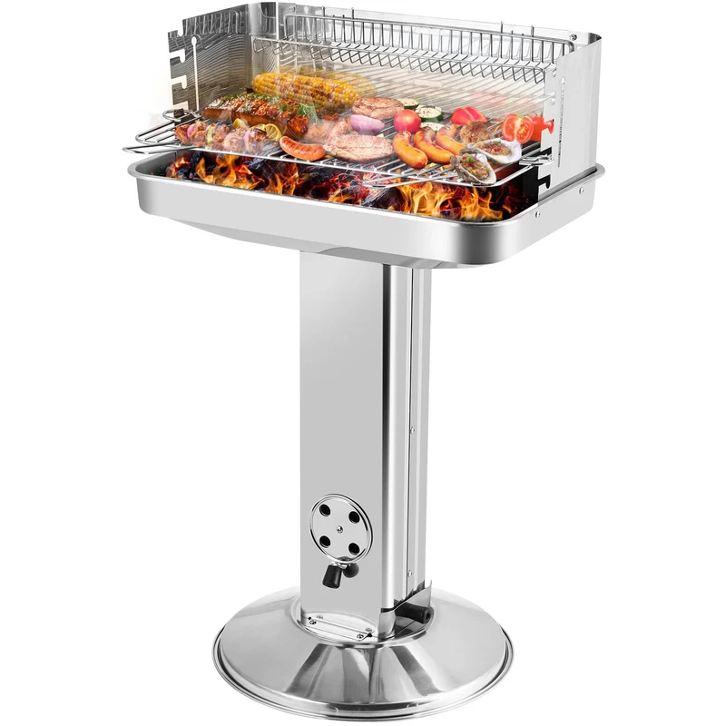 TLGREEN Holzkohlegrill Edelstahl Säulengrill höhenverstellbar