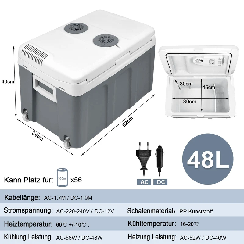 UISEBRT Elektrische Kühlbox 48 Liter mit Rollen, 12 V/220 V, grau