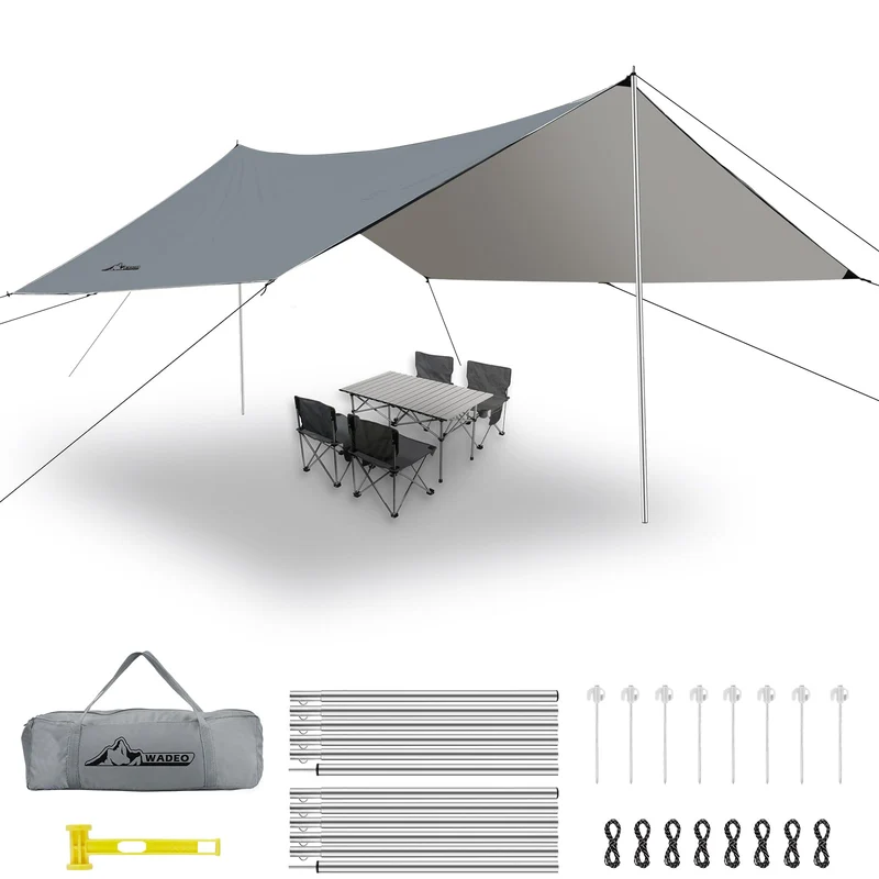 WADEO Camping Tarp Zeltplane wasserdicht 3,6 x 4,8 m mit Stangen, Grau