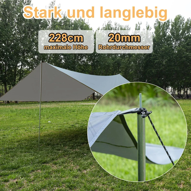WADEO Camping Tarp Zeltplane wasserdicht 3,6 x 4,8 m mit Stangen, Grau