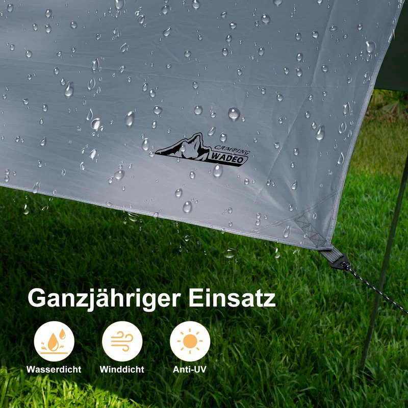 WADEO Camping Tarp Zeltplane wasserdicht 3,6 x 4,8 m mit Stangen, Grau