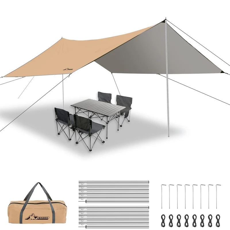 WADEO Camping Tarp wasserdicht 4 x 3 m, Zeltplane mit Stangen, Khaki