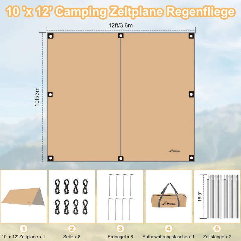 WADEO Camping Tarp wasserdicht 4 x 3 m, Zeltplane mit Stangen, Khaki