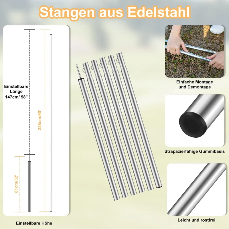 WADEO Camping Tarp wasserdicht 4 x 3 m, Zeltplane mit Stangen, Khaki