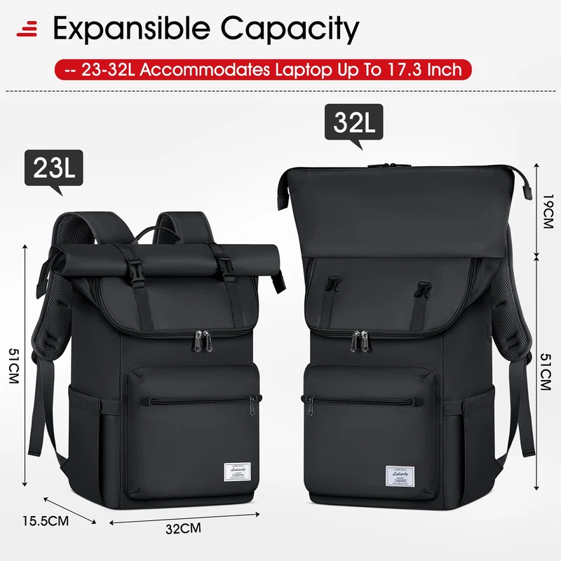 Lubardy Rolltop-Rucksack wasserdicht mit 17,3 Zoll Laptopfach
