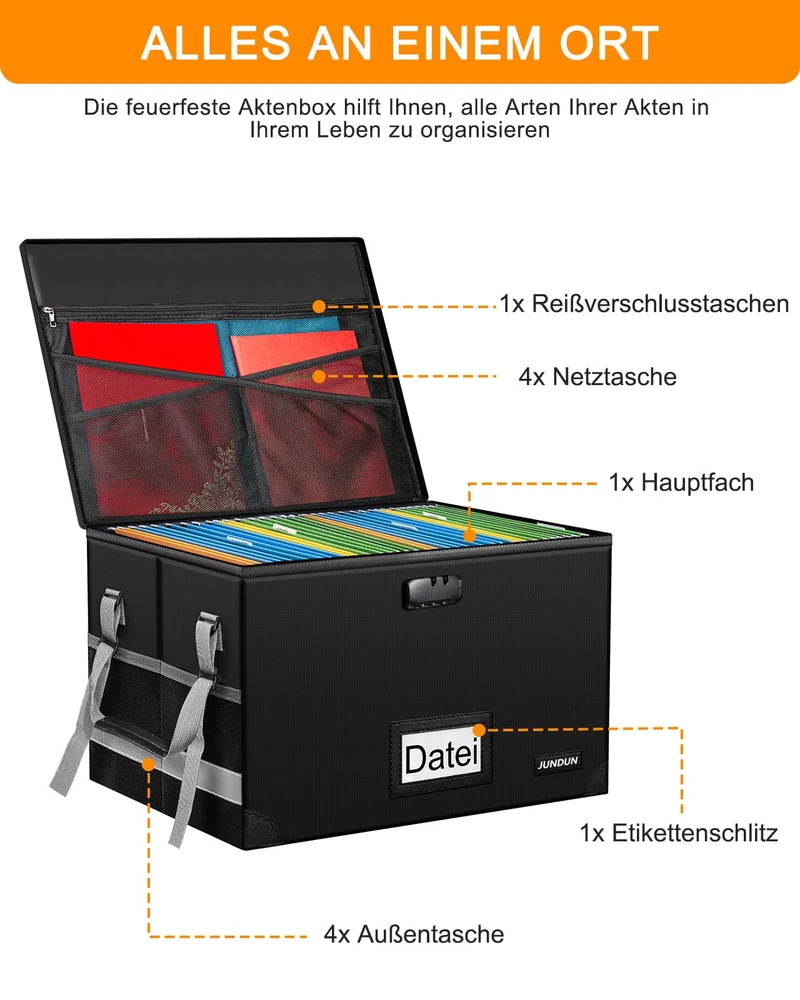 JUNDUN Feuerfeste Dokumentenbox A4 mit Schloss, faltbar
