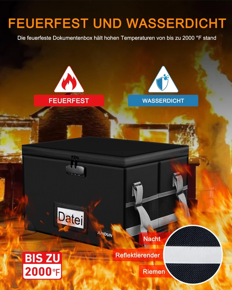 JUNDUN Feuerfeste Dokumentenbox A4 mit Schloss, faltbar