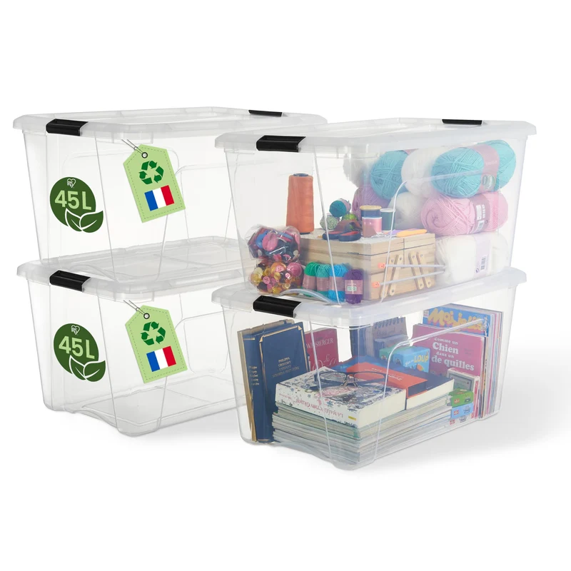 Iris Ohyama Aufbewahrungsbox mit Deckel, 45 L, 4er-Set, transparent