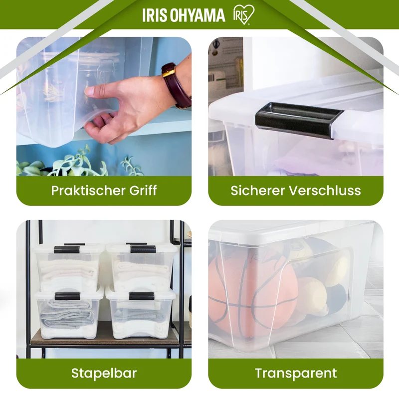 Iris Ohyama Aufbewahrungsbox mit Deckel, 45 L, 4er-Set, transparent
