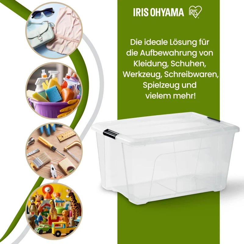 Iris Ohyama Aufbewahrungsbox mit Deckel, 45 L, 4er-Set, transparent