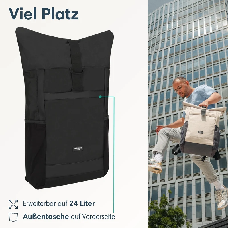 LARKSON Rolltop Rucksack No 2 Schwarz, Daypack mit 16 Zoll Laptopfach