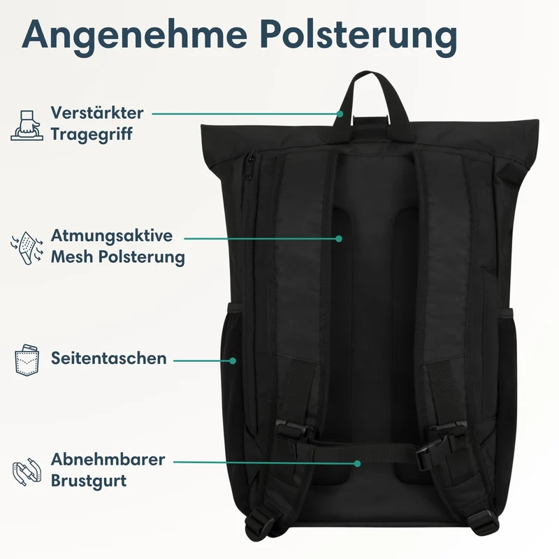 LARKSON Rolltop Rucksack No 2 Schwarz, Daypack mit 16 Zoll Laptopfach