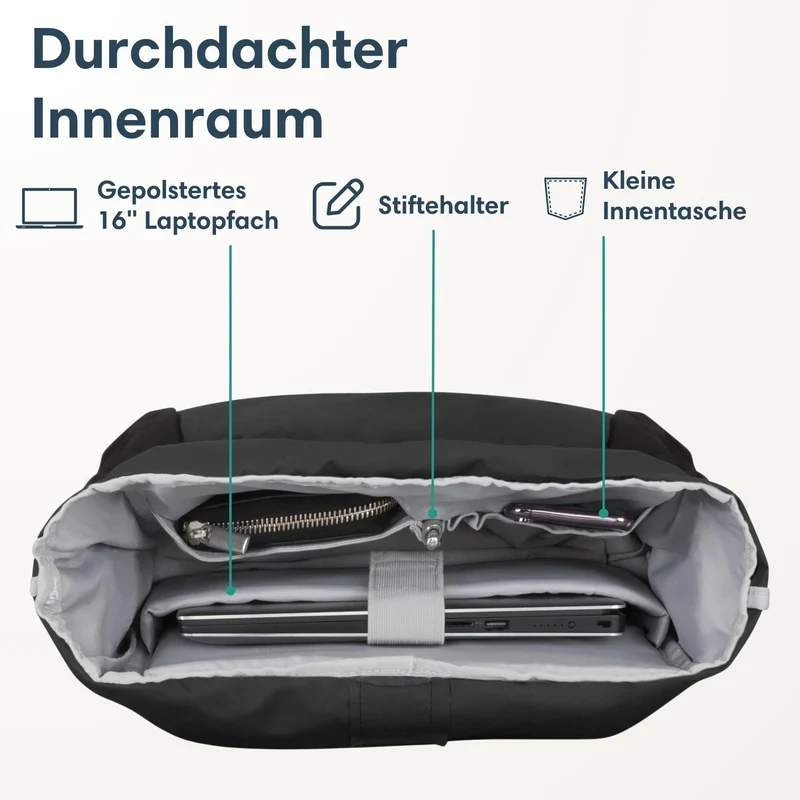 LARKSON Rolltop Rucksack No 2 Schwarz, Daypack mit 16 Zoll Laptopfach
