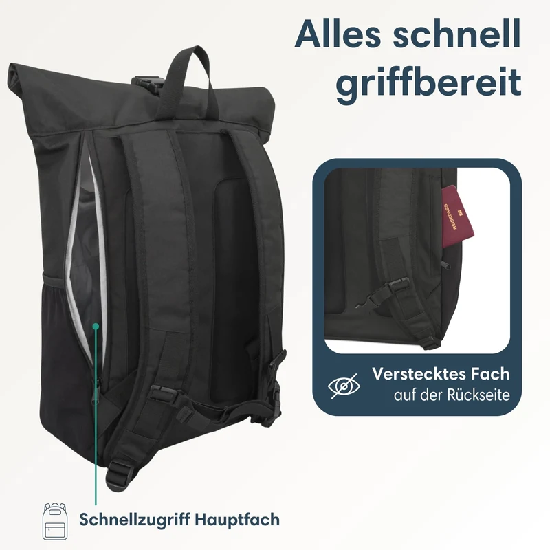 LARKSON Rolltop Rucksack No 2 Schwarz, Daypack mit 16 Zoll Laptopfach