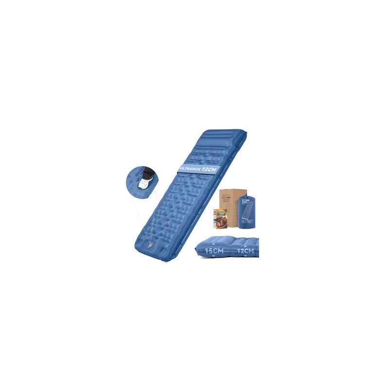 HIKENTURE Isomatte ultraleicht 12 cm mit Kissen und Fusspumpe, blau