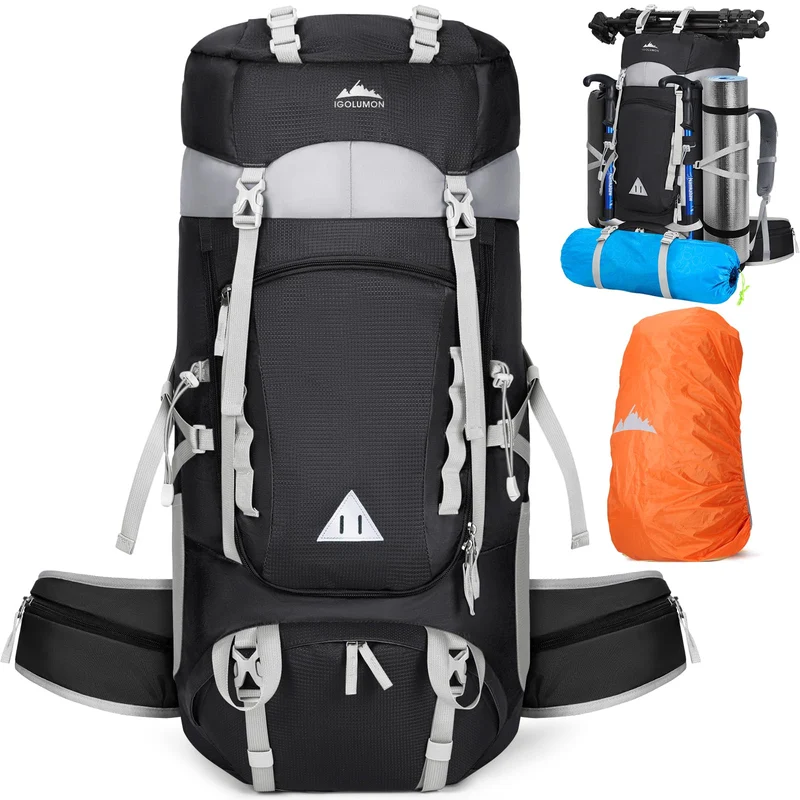 IGOLUMON Wanderrucksack 60L Trekkingrucksack mit Regenhülle, schwarz