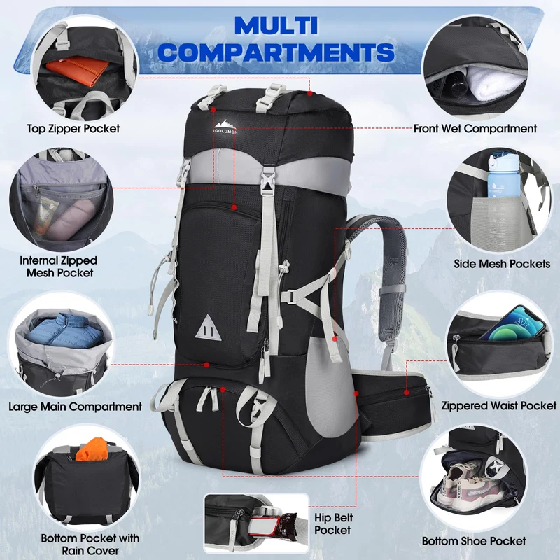 IGOLUMON Wanderrucksack 60L Trekkingrucksack mit Regenhülle, schwarz