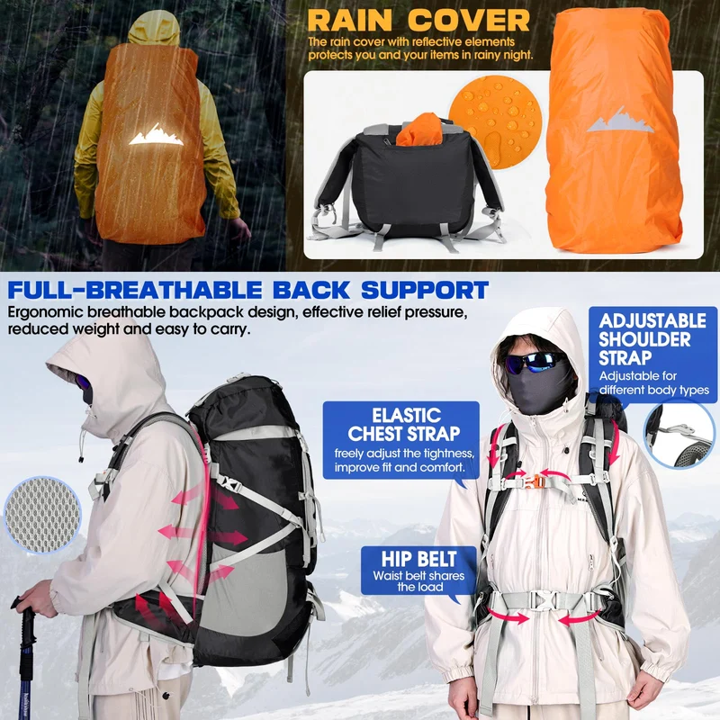 IGOLUMON Wanderrucksack 60L Trekkingrucksack mit Regenhülle, schwarz