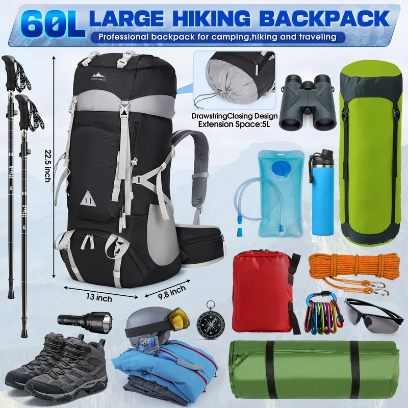 IGOLUMON Wanderrucksack 60L Trekkingrucksack mit Regenhülle, schwarz