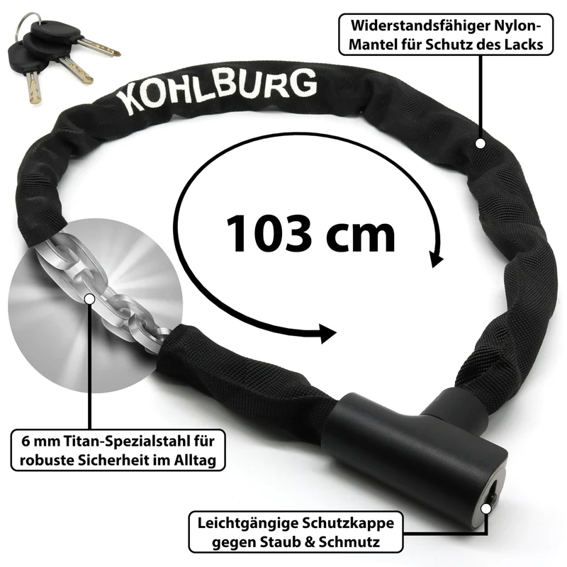 KOHLBURG Kopenhagen Kettenschloss Fahrrad, 103 cm, Titan-Stahl