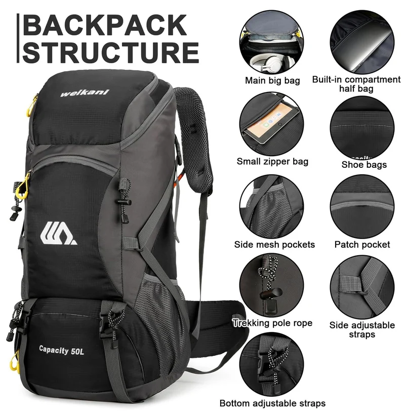 jianyana Wanderrucksack 50L Trekkingrucksack mit Regenhülle