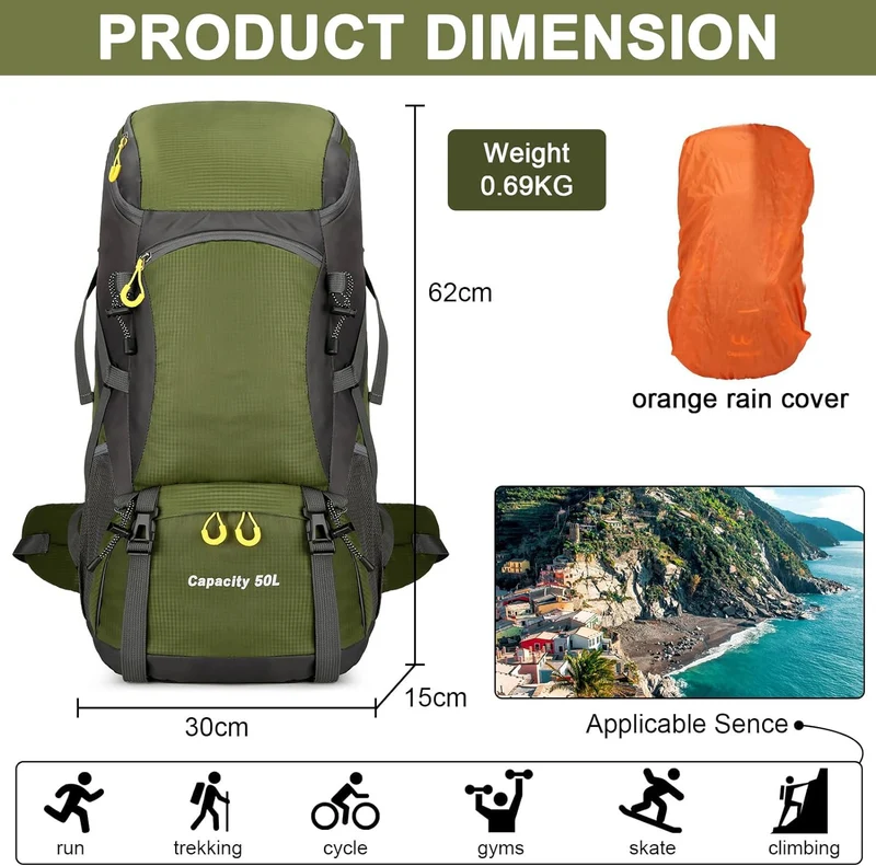jianyana Wanderrucksack 50L Trekkingrucksack mit Regenhülle
