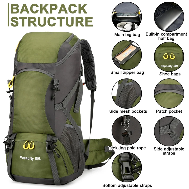 jianyana Wanderrucksack 50L Trekkingrucksack mit Regenhülle